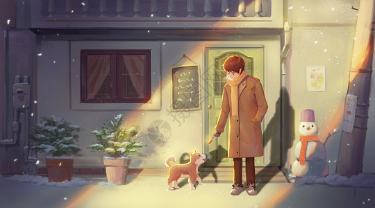 温馨街道冬日暖阳下的少年与小狗插画