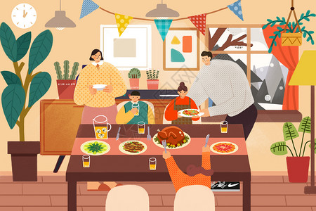 火鸡卡通感恩节一家人聚餐插画