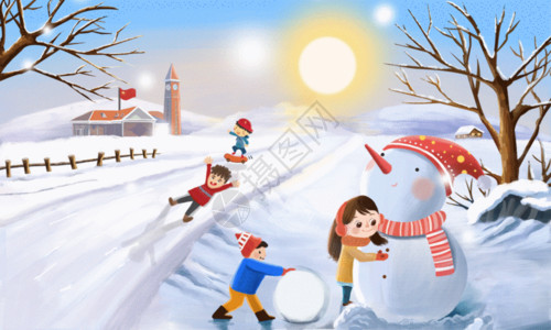 刮雪放学路上玩雪的孩子GIF高清图片