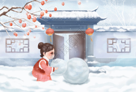 冬季玩雪女孩中国风大雪GIF高清图片