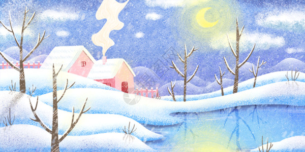 褐色小房子冬天夜晚雪景gif动图高清图片