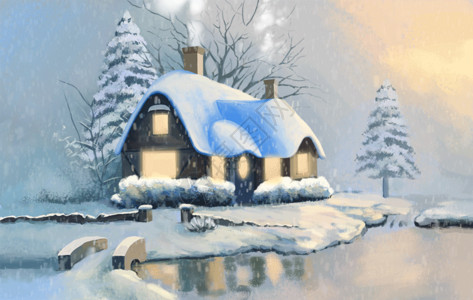雪花手绘冬季雪中的房子gif动图高清图片