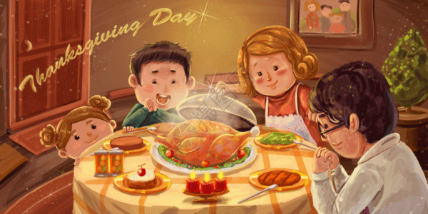 野猪肉感恩节全家团聚吃火鸡暖色插画gif动图高清图片