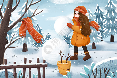 丢雪球女孩冬季雪地堆雪人小雪大雪插画插画