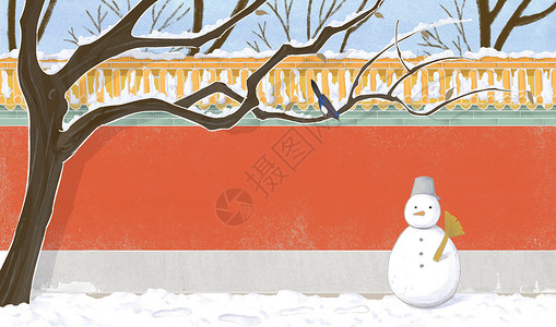 雪景红墙雪人图片