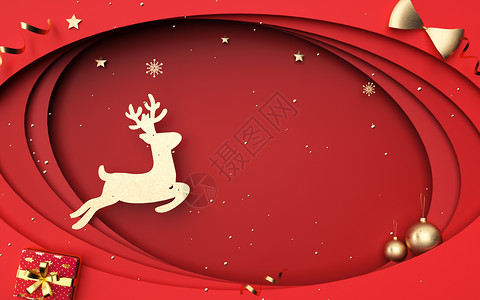 几何鹿红色剪纸风圣诞背景设计图片