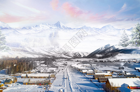 雪山小镇风景冬季雪乡设计图片