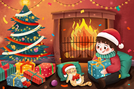 拆圣诞节平安夜壁炉前女孩与猫插画插画