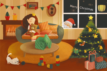 坐在沙发上的女孩卡通圣诞主题插画GIF高清图片