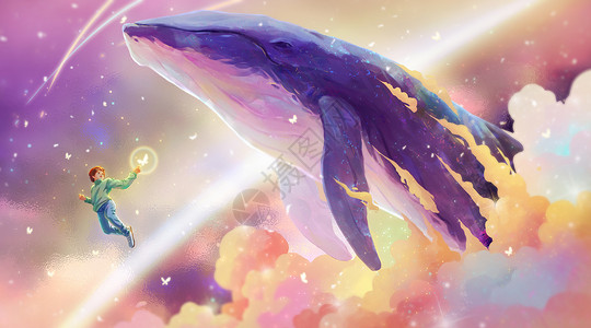 星空云彩与鲸鱼一起翱翔的少年插画