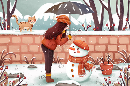 唯美冬季雪景冬季雪地雪人与女孩插画插画