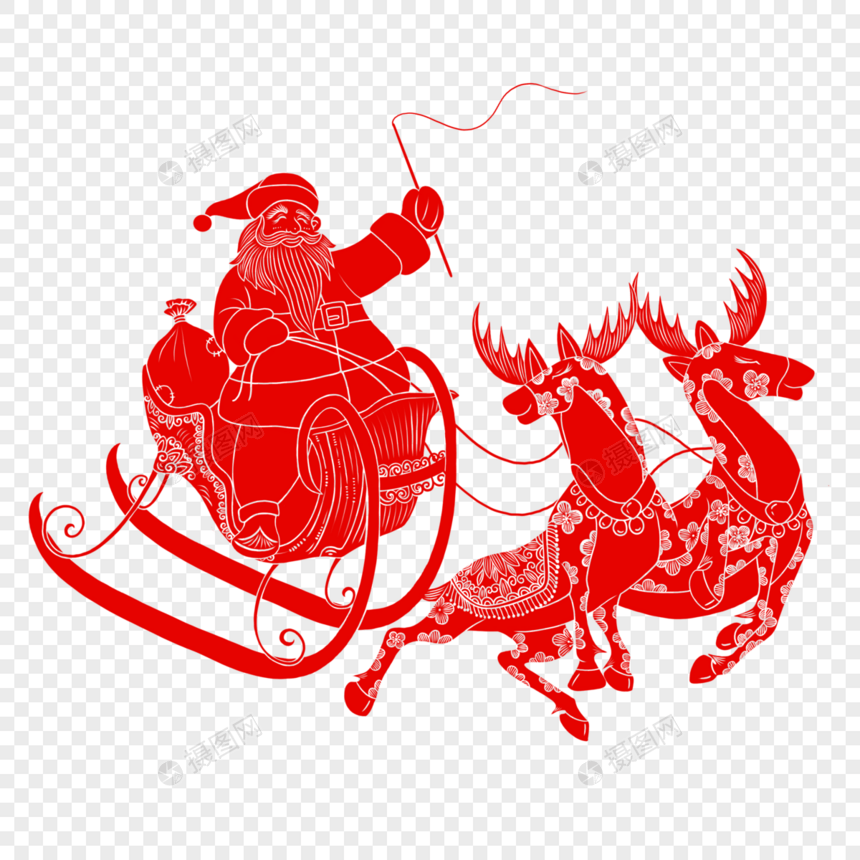 圣诞老人赶着驯鹿送礼物剪纸图片