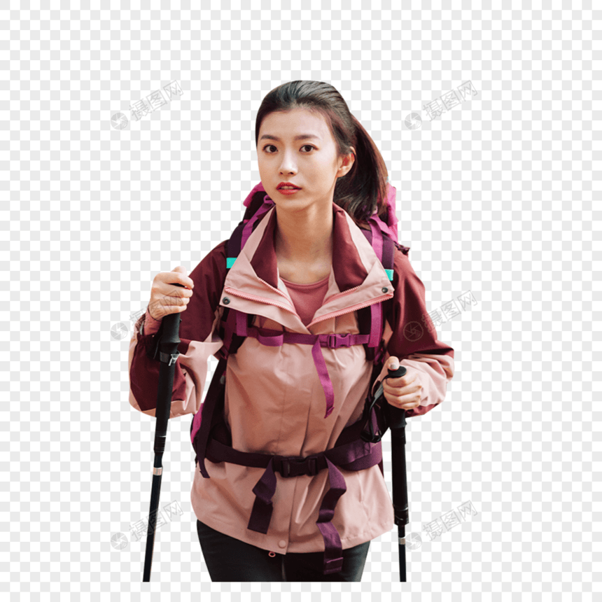 用登山杖爬山的女性形象图片
