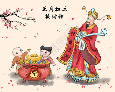 聚宝盆春节过年大年初五迎财神插画