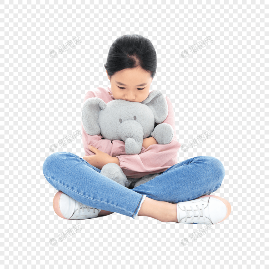 抱着玩具小象失落的小女孩图片