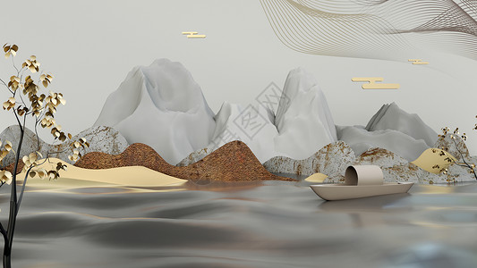 金色船3D立体山水画场景设计图片