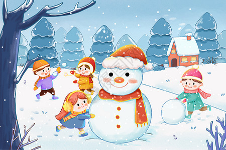 儿童小推素材冬季雪景堆雪人插画插画
