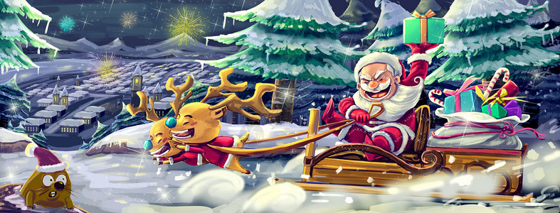 圣诞老人拉雪橇圣诞夜圣诞老人插画