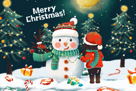 酒店圣诞树圣诞节平安夜女孩雪地堆雪人插画GIF高清图片