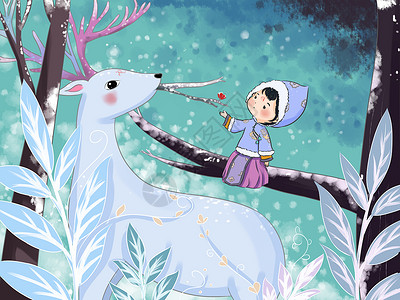 银色橡木树冬天卡通雪景插画插画