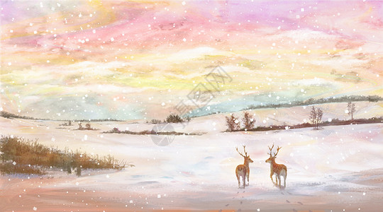 两只小鹿唯美雪原麋鹿插画
