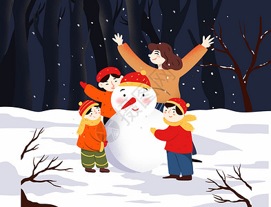 冬天堆雪人插画背景图片