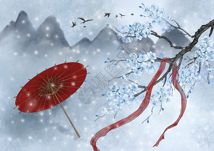 飘带与花素材中国风雪景插画