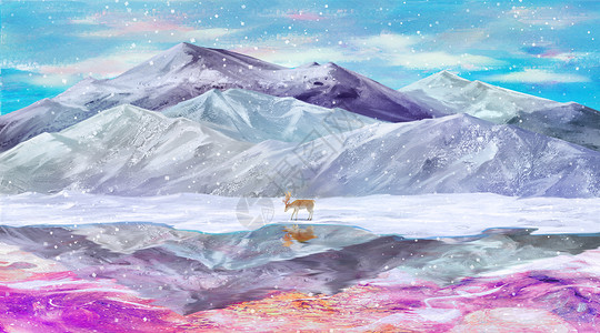 雪湖面唯美雪原麋鹿插画
