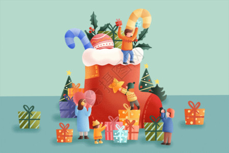 美丽的圣诞插画圣诞快乐抽象小人圣诞袜GIF高清图片