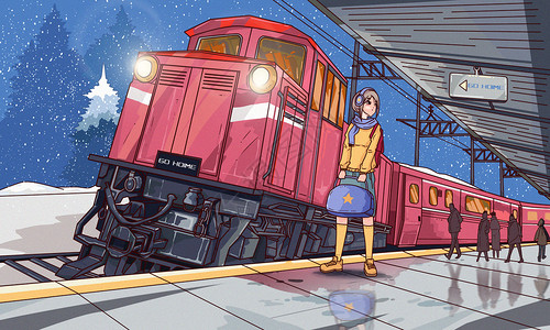地铁站站台春运时回家的女孩插画