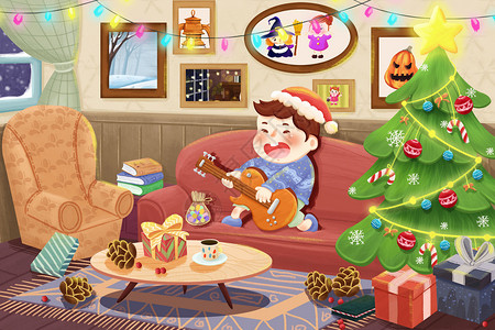 圣诞节弹吉他的小男孩高清图片