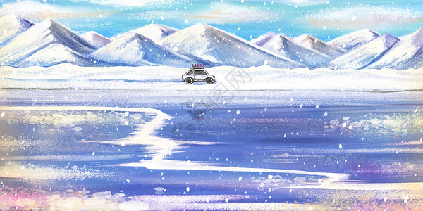 汽车雪山冬天穿过雪原回家过年的汽车插画