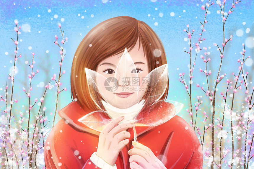 冬天大寒女孩拿着树叶上结的冰图片