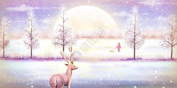 月亮下的麋鹿冬天雪原雪月下的女孩与狗插画