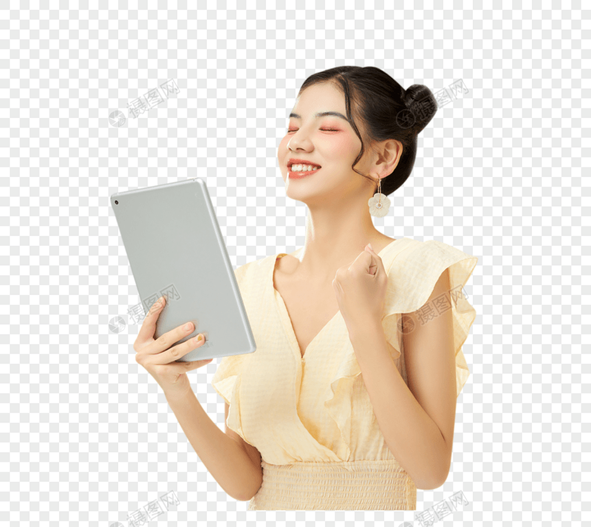 可爱女性手拿平板电脑加油图片
