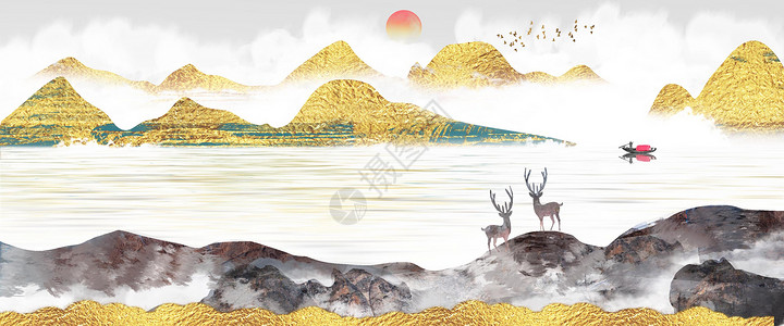 金色抽象装饰画新中式抽象金色山水画插画