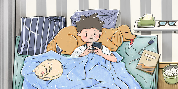宠物床猫狗双全的单身青年日常躺床上插画