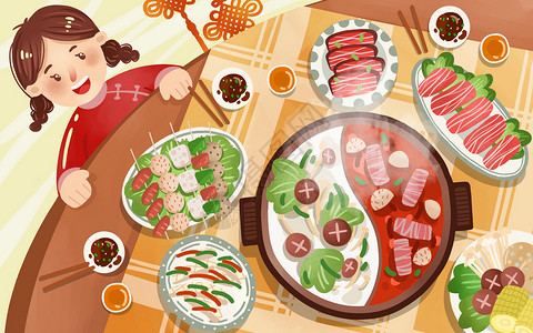一桌子的饭菜新年丰盛年夜饭插画