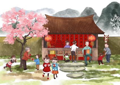 乡村新年民俗乡村春节插画