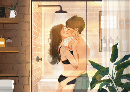 浴室玻璃门甜蜜的拥吻插画gif动图高清图片