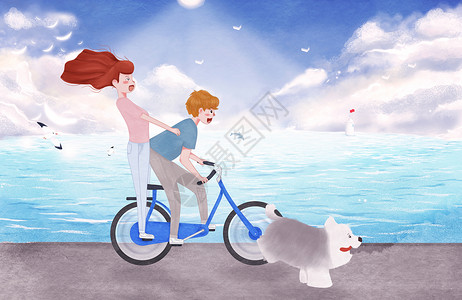 情侣骑自行车情侣海边骑自行车插画插画