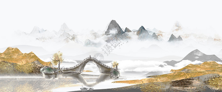 山桥复古中式背景设计图片