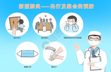 洗手图标科普新型肺炎冠状病毒出行及聚会的预防插画