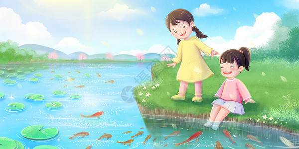 学生春游春天女孩在河边赏鱼插画