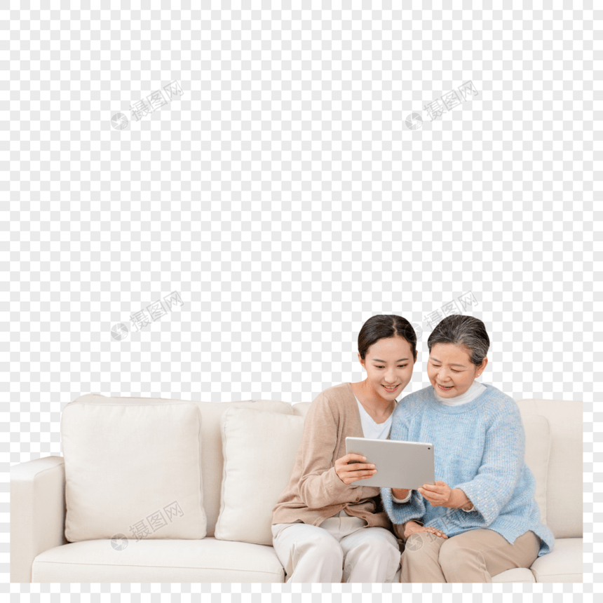 女儿陪伴母亲用平板电脑图片