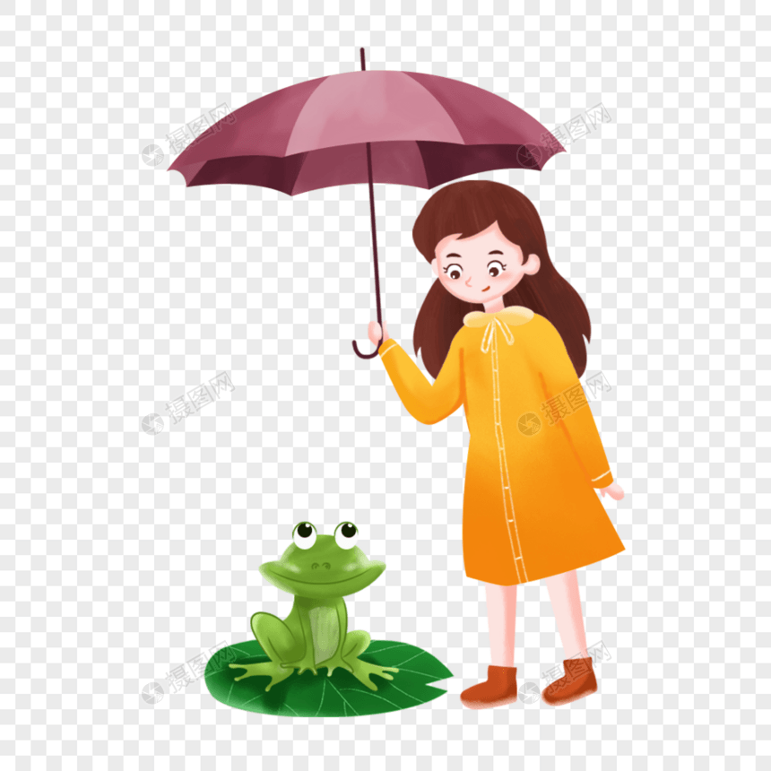 女孩给青蛙撑伞图片