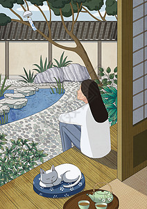 日式居家春天一个人的时光插画