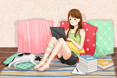沙发门女孩在家网络办公学习插画