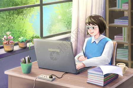 书房电脑学生在家用电脑在线远程上课学习插画