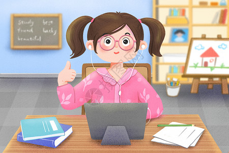 玩平板女孩学生在家用平板电脑在线学习上网课插画